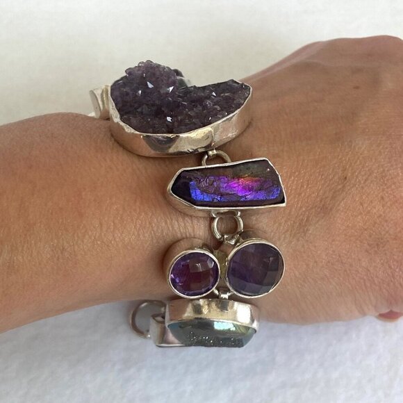 Chris Bales Sterling Silver 925 Heavy Amethyst Druzy Multi Gemstone Bracelet 61g - Picture 2 of 16